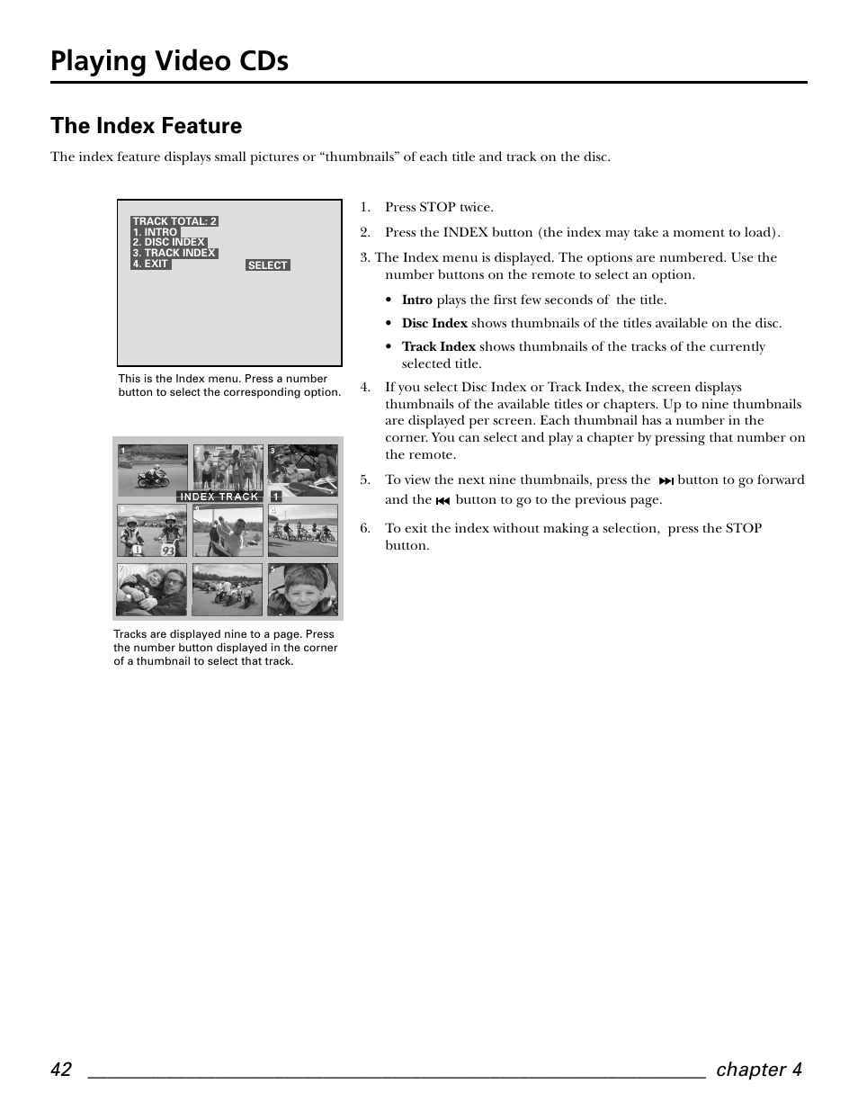Playing video cds, The index feature | GE GE1101P User Manual | Page 44 / 66
