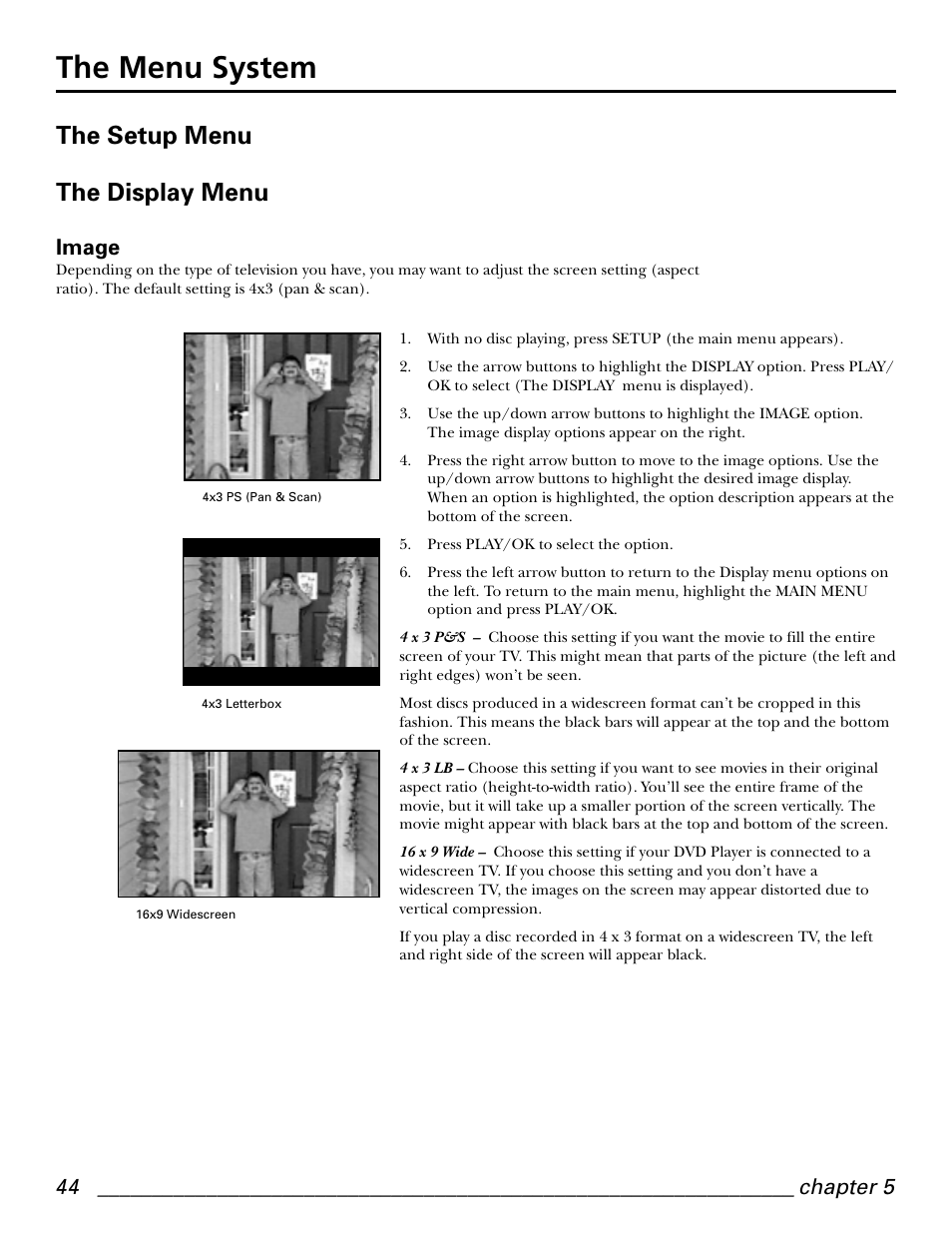 The menu system, The setup menu the display menu, Image | GE GE1101P User Manual | Page 46 / 66