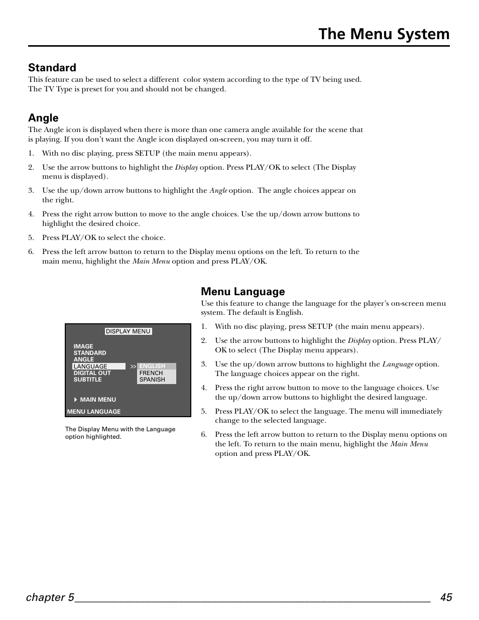 The menu system, Chapter 5, Standard | Angle, Menu language | GE GE1101P User Manual | Page 47 / 66