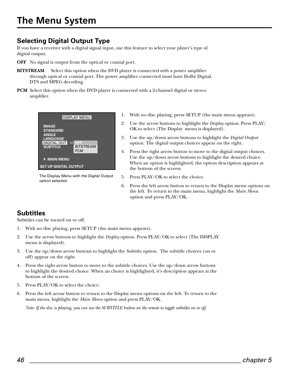 The menu system, Subtitles, Selecting digital output type | GE GE1101P User Manual | Page 48 / 66
