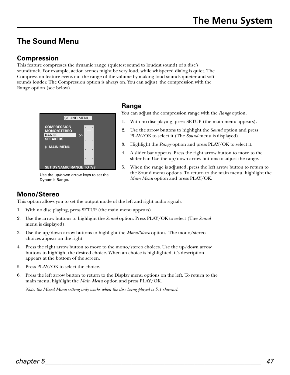 The menu system, The sound menu, Chapter 5 | Compression, Range, Mono/stereo | GE GE1101P User Manual | Page 49 / 66