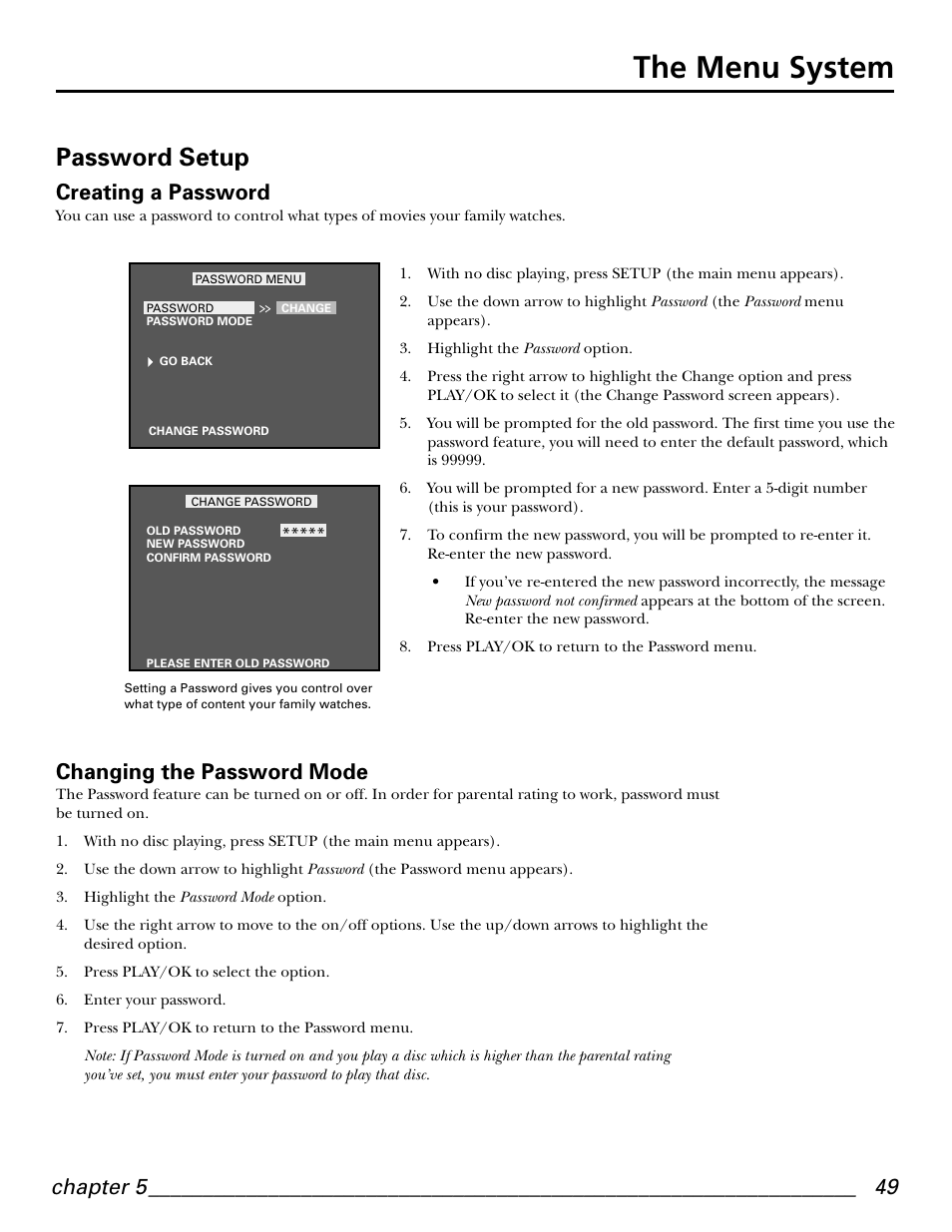 The menu system, Password setup, Chapter 5 | Creating a password, Changing the password mode | GE GE1101P User Manual | Page 51 / 66