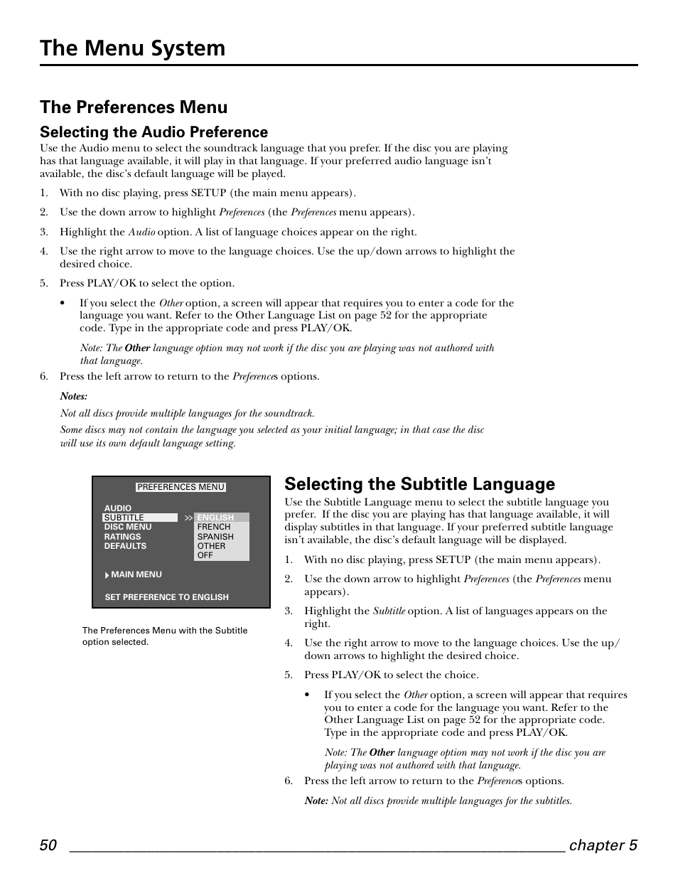 The menu system, The preferences menu, Selecting the subtitle language | Selecting the audio preference | GE GE1101P User Manual | Page 52 / 66