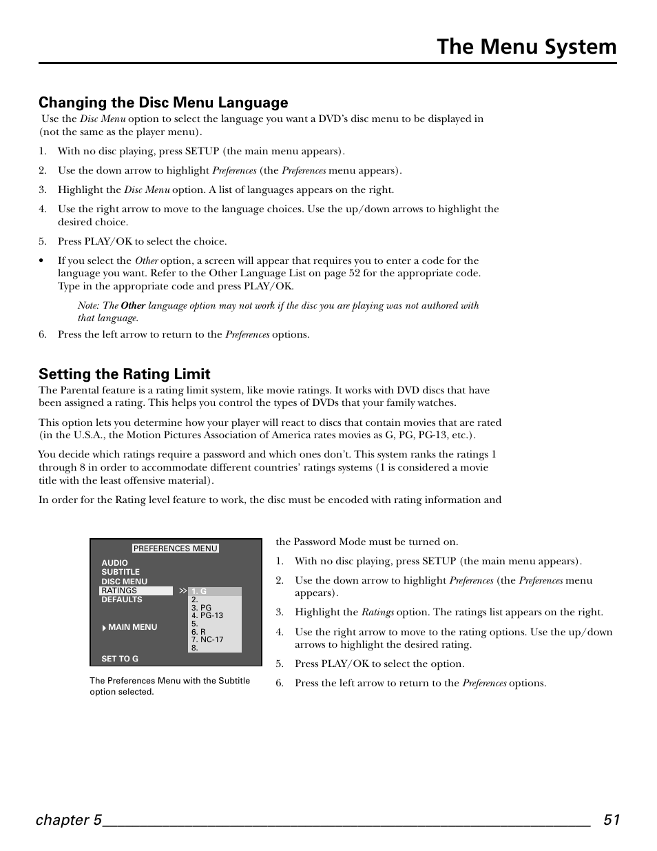 The menu system, Chapter 5, Changing the disc menu language | Setting the rating limit | GE GE1101P User Manual | Page 53 / 66