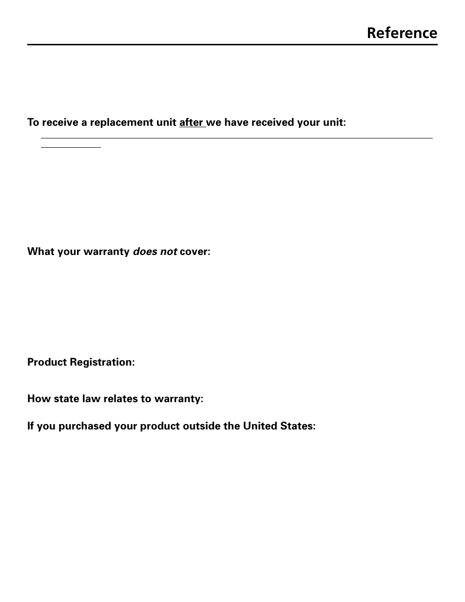 Reference, Chapter 6, Does not | What your warranty, Cover, Product registration, How state law relates to warranty | GE GE1101P User Manual | Page 59 / 66