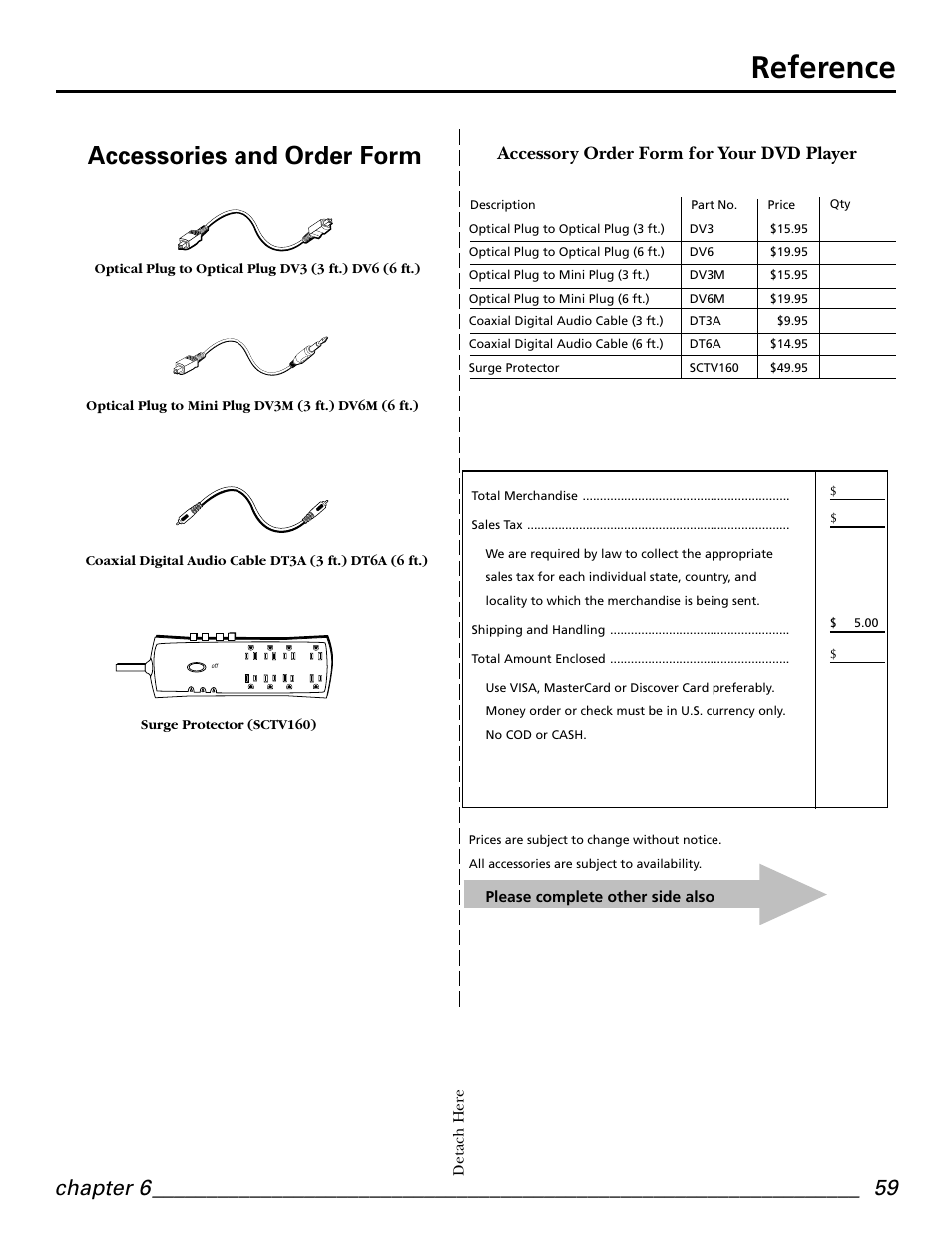 Reference, Accessories and order form, Chapter 6 | Accessory order form for your dvd player | GE GE1101P User Manual | Page 61 / 66