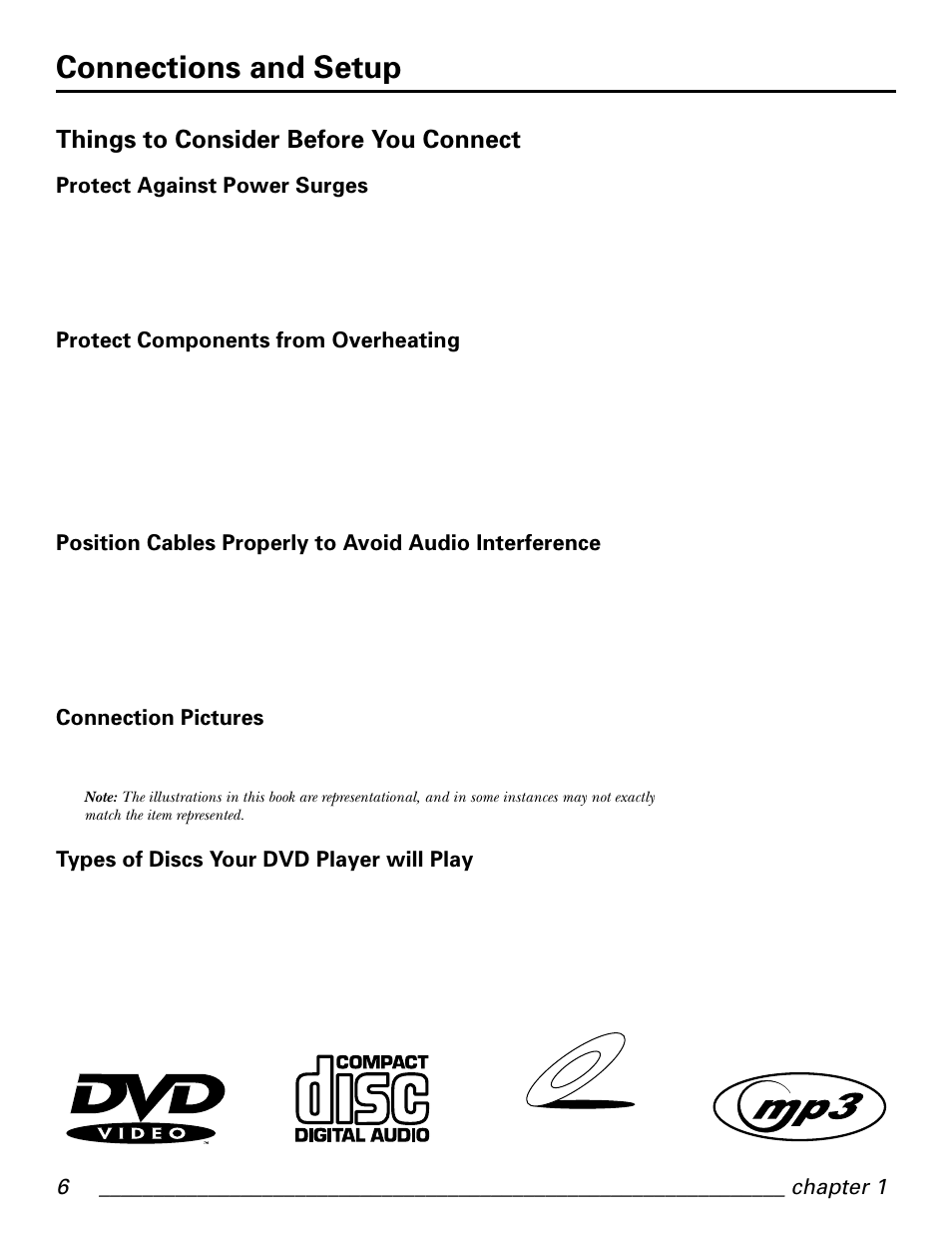 Video cd, Connections and setup, Things to consider before you connect | Protect against power surges, Protect components from overheating, Connection pictures, Types of discs your dvd player will play | GE GE1101P User Manual | Page 8 / 66