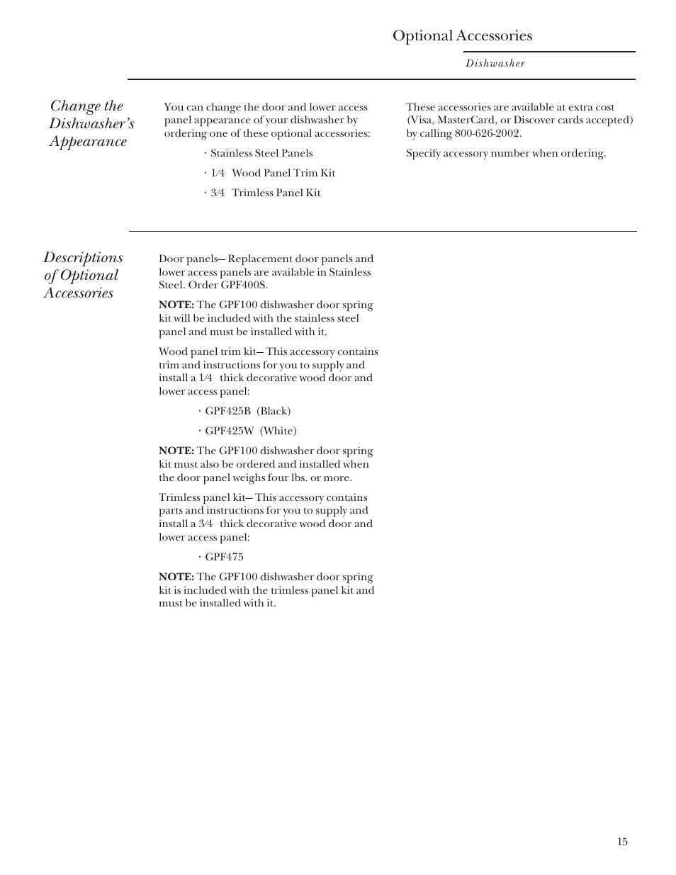 Optional accessories, Change the dishwasher’s appearance, Descriptions of optional accessories | GE Monogram ZBD4200 User Manual | Page 15 / 24