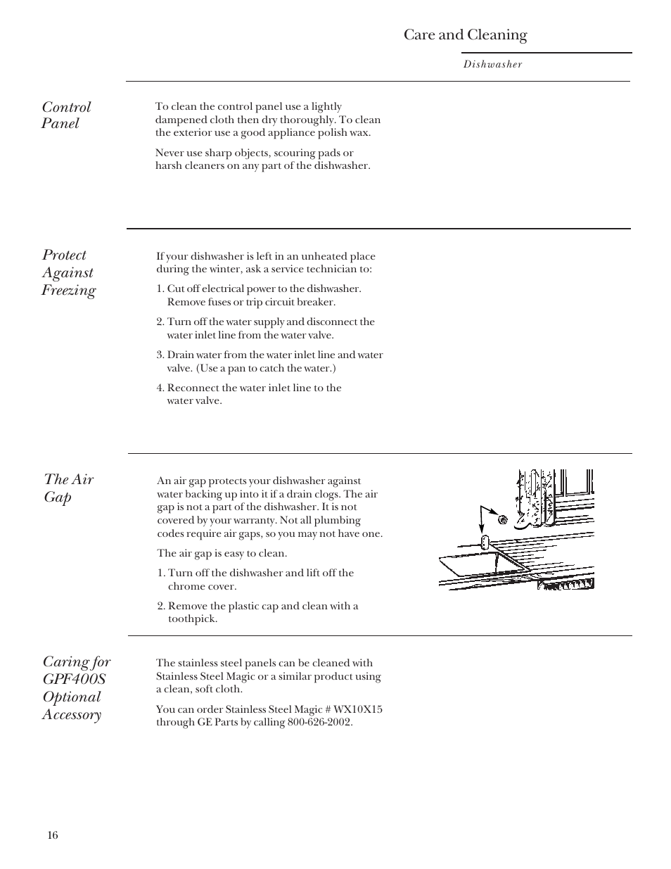Care and cleaning, Control panel, Protect against freezing | The air gap, Caring for gpf400s optional accessory | GE Monogram ZBD4200 User Manual | Page 16 / 24
