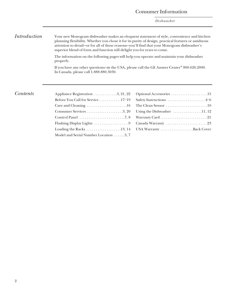 Consumer information, Introduction contents | GE Monogram ZBD4200 User Manual | Page 2 / 24