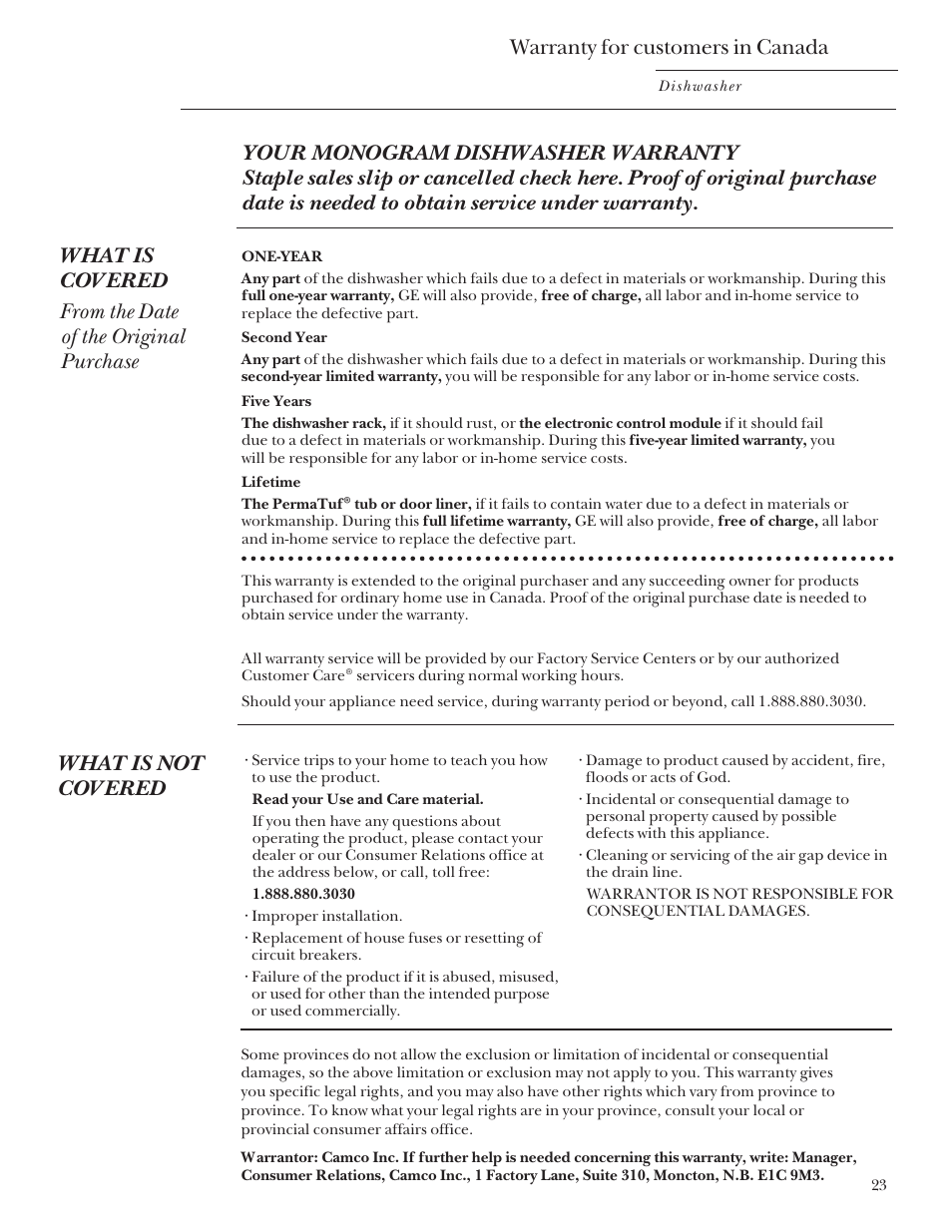 Canada warranty, Warranty for customers in canada, What is not covered | GE Monogram ZBD4200 User Manual | Page 23 / 24