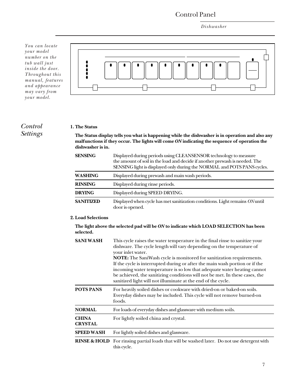 Control panel, Control panel , 8, Control settings | GE Monogram ZBD4200 User Manual | Page 7 / 24