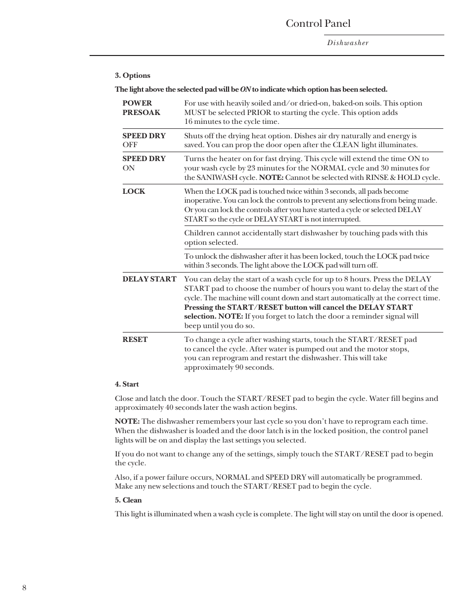 Control panel | GE Monogram ZBD4200 User Manual | Page 8 / 24