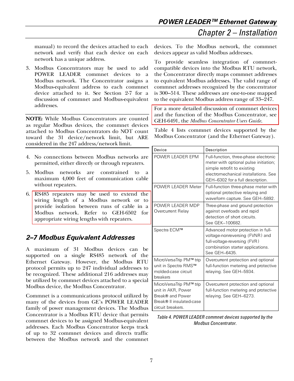 7 modbus equivalent addresses, Chapter 2 – installation, Power leader™ ethernet gateway | 2–7 modbus equivalent addresses | GE GEH6505A User Manual | Page 11 / 24