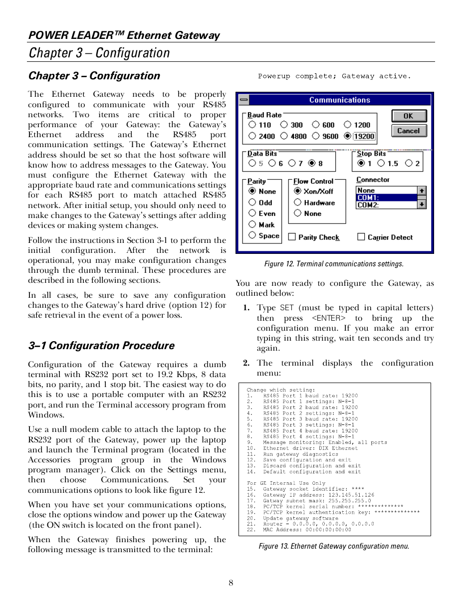 Ch 3 - configuration, 1 configuration procedure, Chapter 3 – configuration | Power leader™ ethernet gateway, 3–1 configuration procedure | GE GEH6505A User Manual | Page 12 / 24