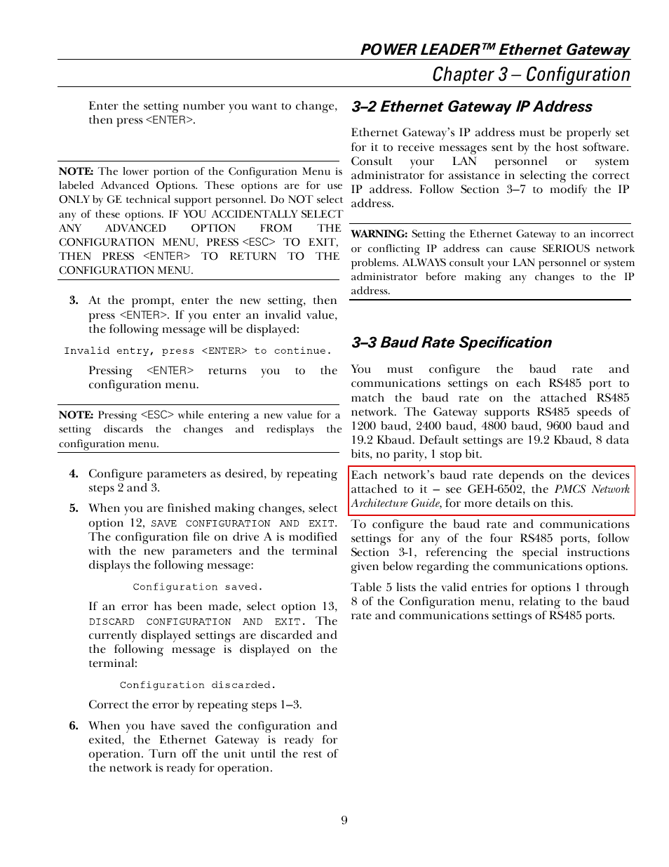 2 ethernet gateway ip address, 3 baud rate specification, Chapter 3 – configuration | Power leader™ ethernet gateway, 3–2 ethernet gateway ip address, 3–3 baud rate specification | GE GEH6505A User Manual | Page 13 / 24