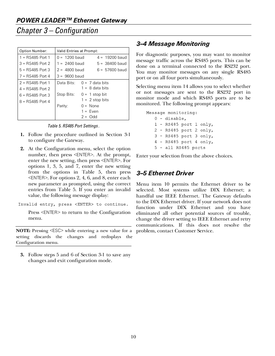 4 message monitoring, 5 ethernet driver, Chapter 3 – configuration | Power leader™ ethernet gateway, 3–4 message monitoring, 3–5 ethernet driver | GE GEH6505A User Manual | Page 14 / 24