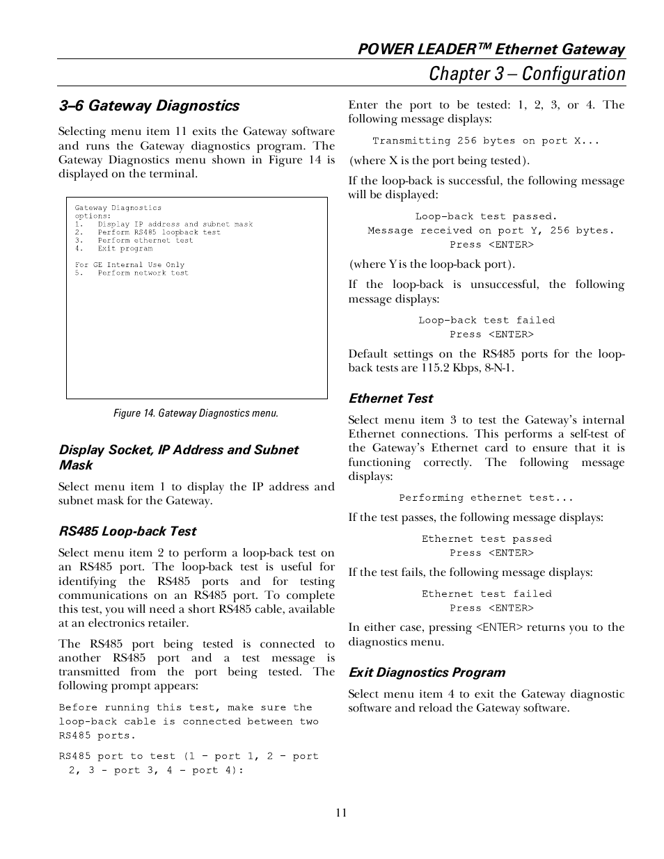 6 gateway diagnostics, Chapter 3 – configuration, Power leader™ ethernet gateway | 3–6 gateway diagnostics | GE GEH6505A User Manual | Page 15 / 24