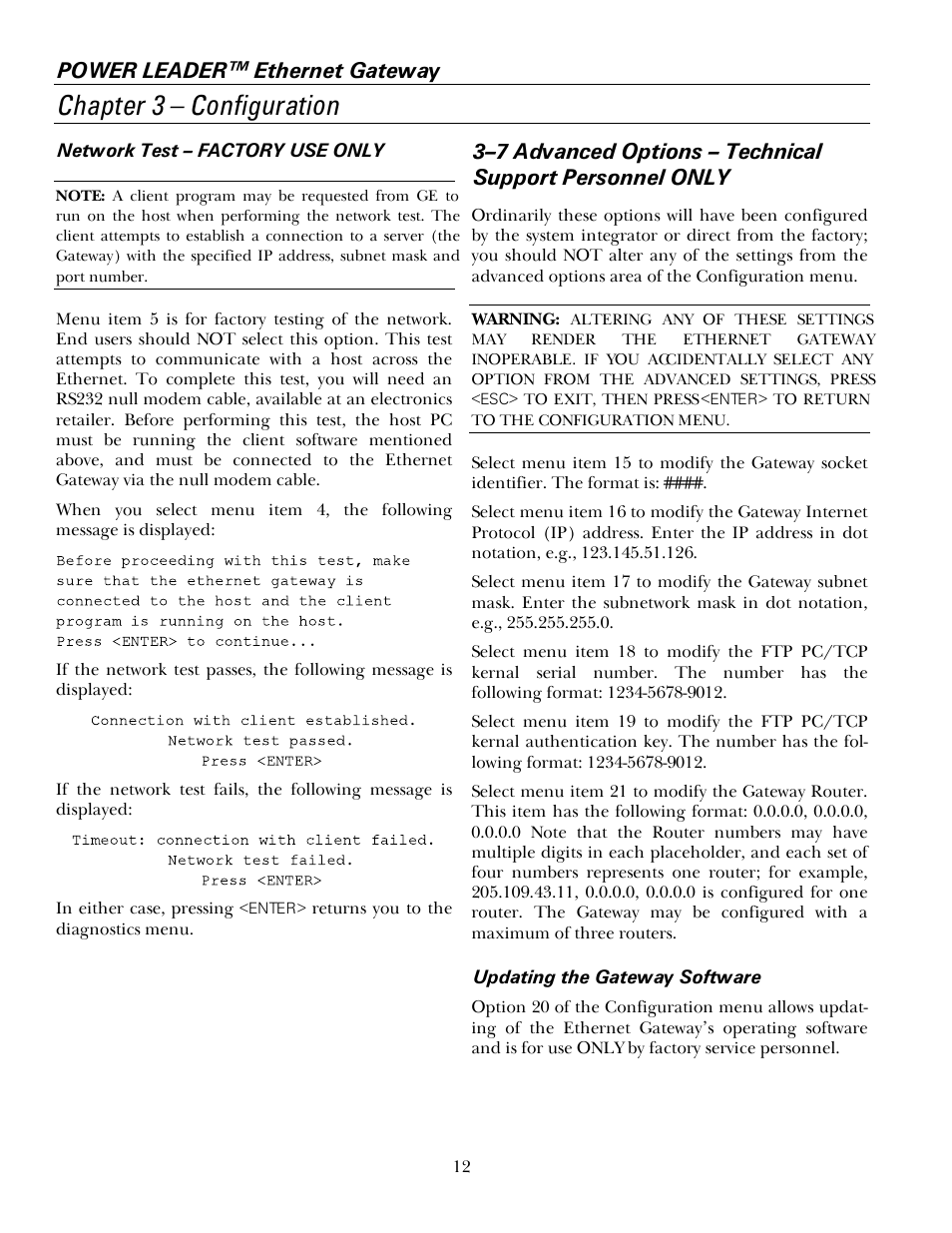7 advanced options, Chapter 3 – configuration, Power leader™ ethernet gateway | GE GEH6505A User Manual | Page 16 / 24