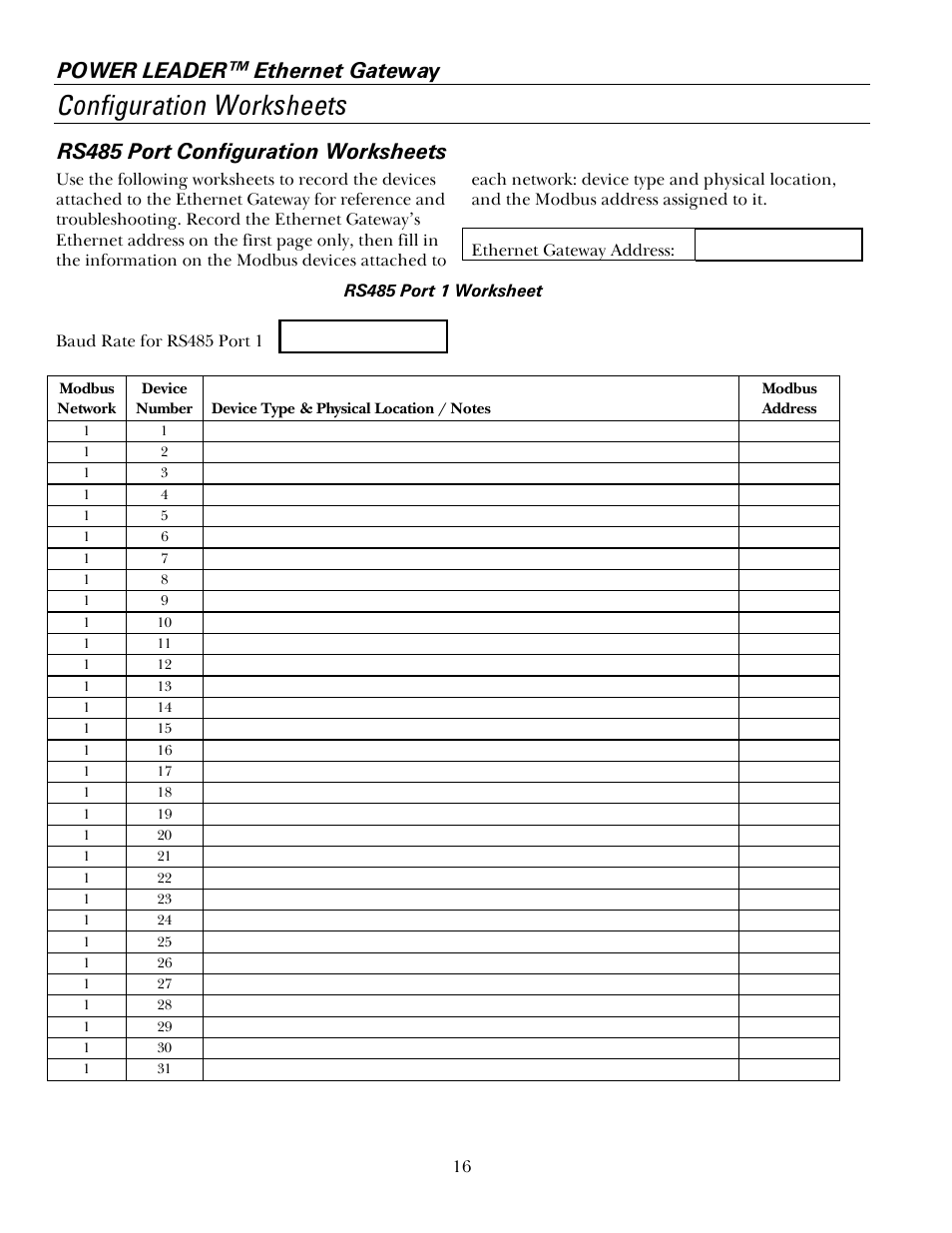 Configuration worksheets, Rs485 port configuration worksheets, Power leader™ ethernet gateway | GE GEH6505A User Manual | Page 20 / 24