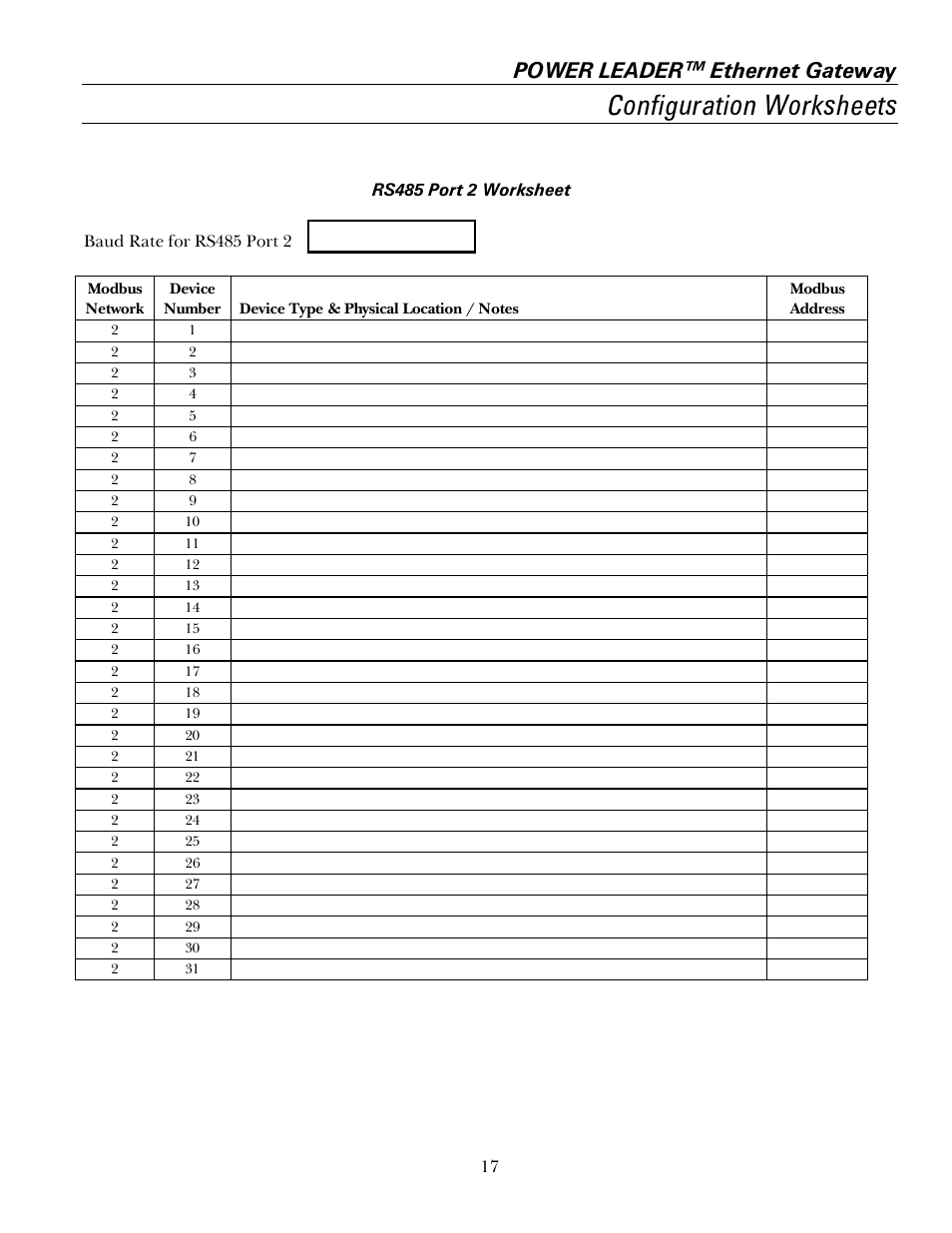 Configuration worksheets, Power leader™ ethernet gateway | GE GEH6505A User Manual | Page 21 / 24