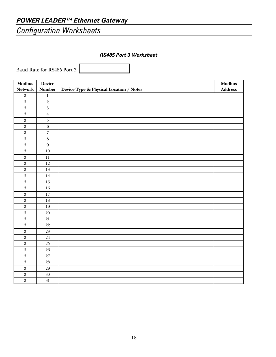 Configuration worksheets, Power leader™ ethernet gateway | GE GEH6505A User Manual | Page 22 / 24