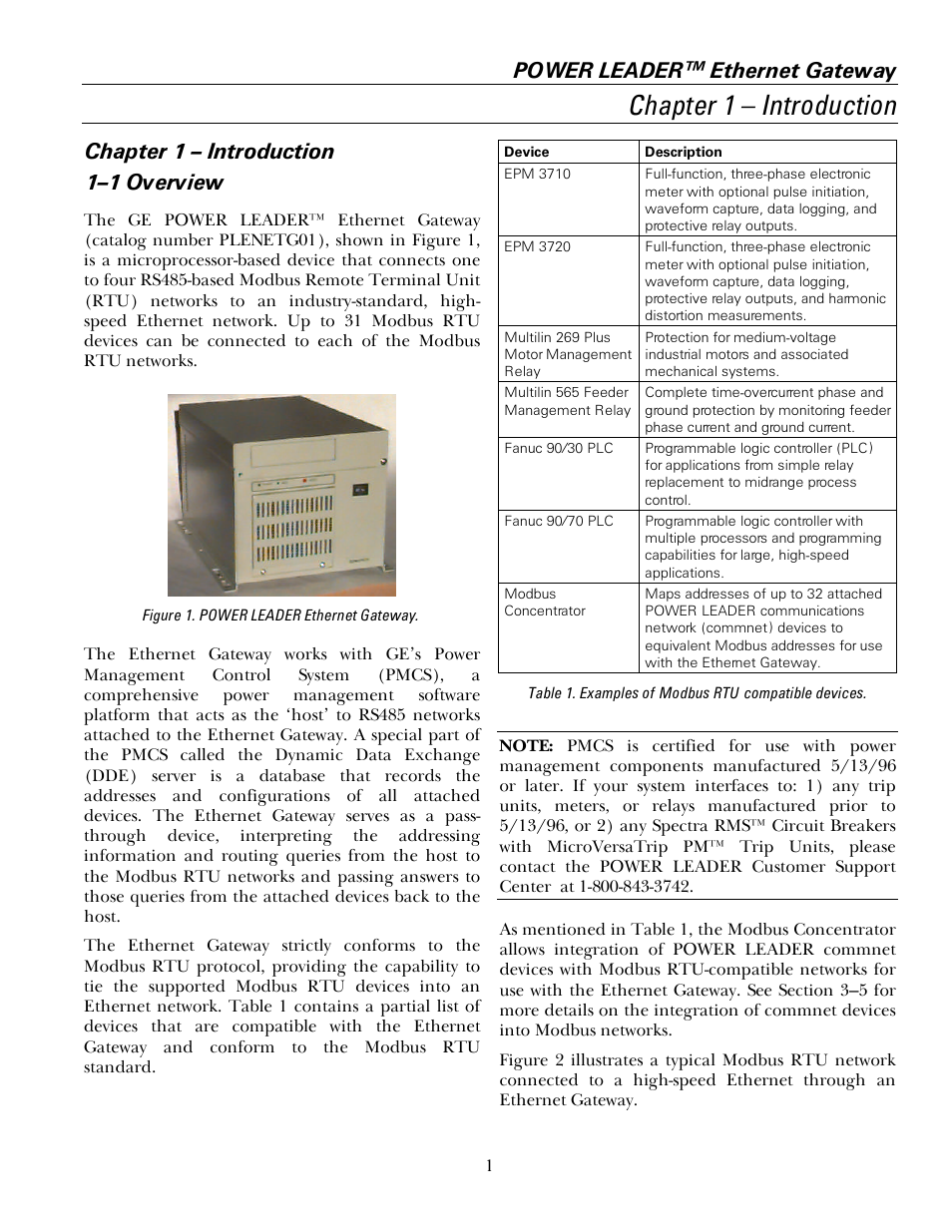 Ch 1 - introduction, 1 overview, Chapter 1 – introduction | Power leader™ ethernet gateway, Chapter 1 – introduction 1–1 overview | GE GEH6505A User Manual | Page 5 / 24