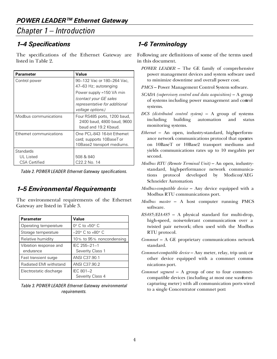 4 specifications, 5 environmental requirements, 6 terminology | Chapter 1 – introduction, Power leader™ ethernet gateway, 1–4 specifications, 1–5 environmental requirements, 1–6 terminology | GE GEH6505A User Manual | Page 8 / 24