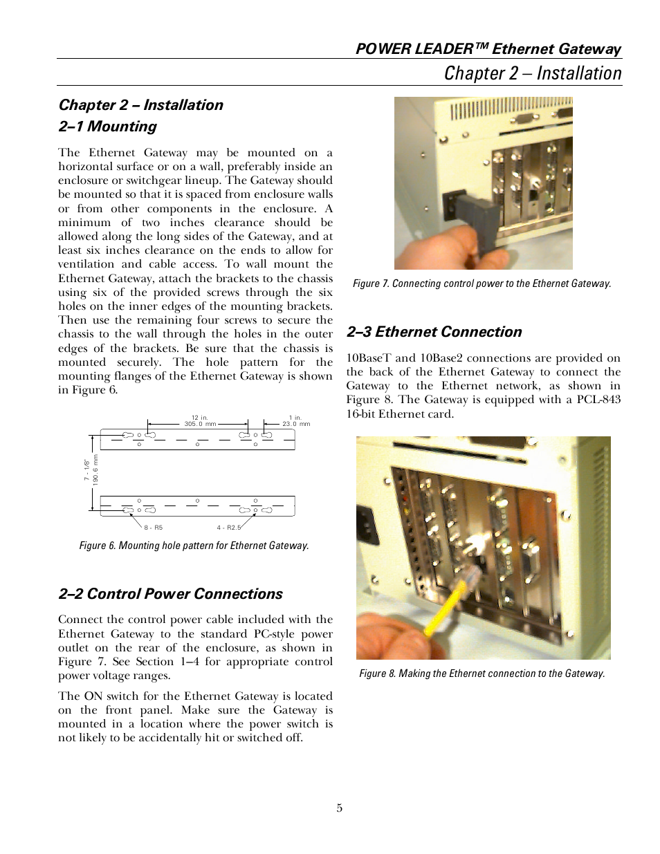 Ch 2 - installation, 1 mounting, 2 control power connections | 3 ethernet connections, Chapter 2 – installation, Power leader™ ethernet gateway, Chapter 2 – installation 2–1 mounting, 2–2 control power connections, 2–3 ethernet connection | GE GEH6505A User Manual | Page 9 / 24