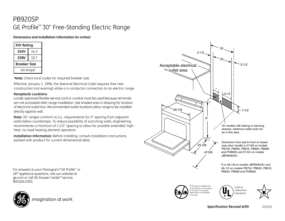 GE Profile PB920SP User Manual | 2 pages