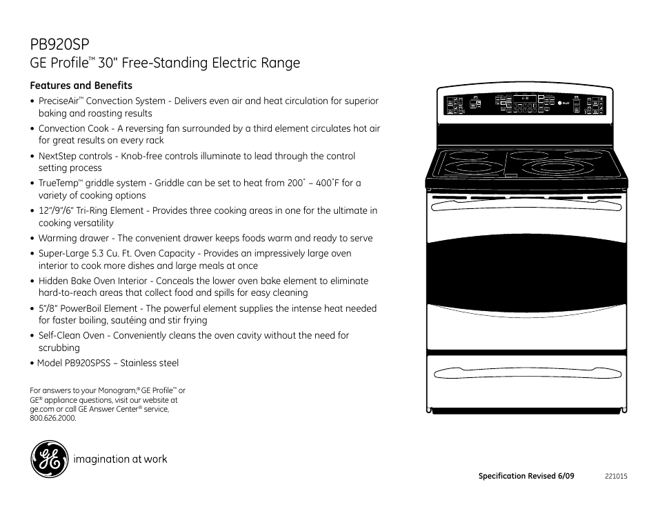 Pb920sp, Ge profile, 30" free-standing electric range | Pb920spss, Features and benefits, Preciseair, Urner, Elect, Arming, Roil | GE Profile PB920SP User Manual | Page 2 / 2