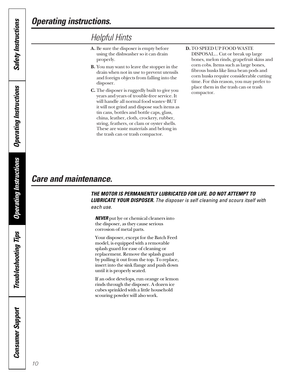 Care and maintenance, Helpful hints, Operating instructions. care and maintenance | GE GFC1000F User Manual | Page 10 / 24