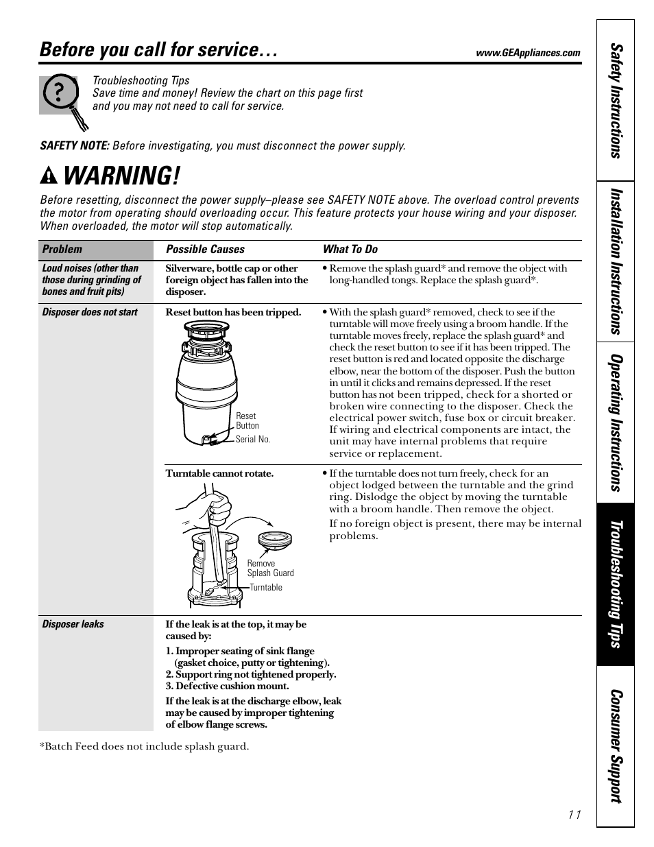 Before you call for service, Before you call for, Service | Warning | GE GFC1000F User Manual | Page 11 / 24