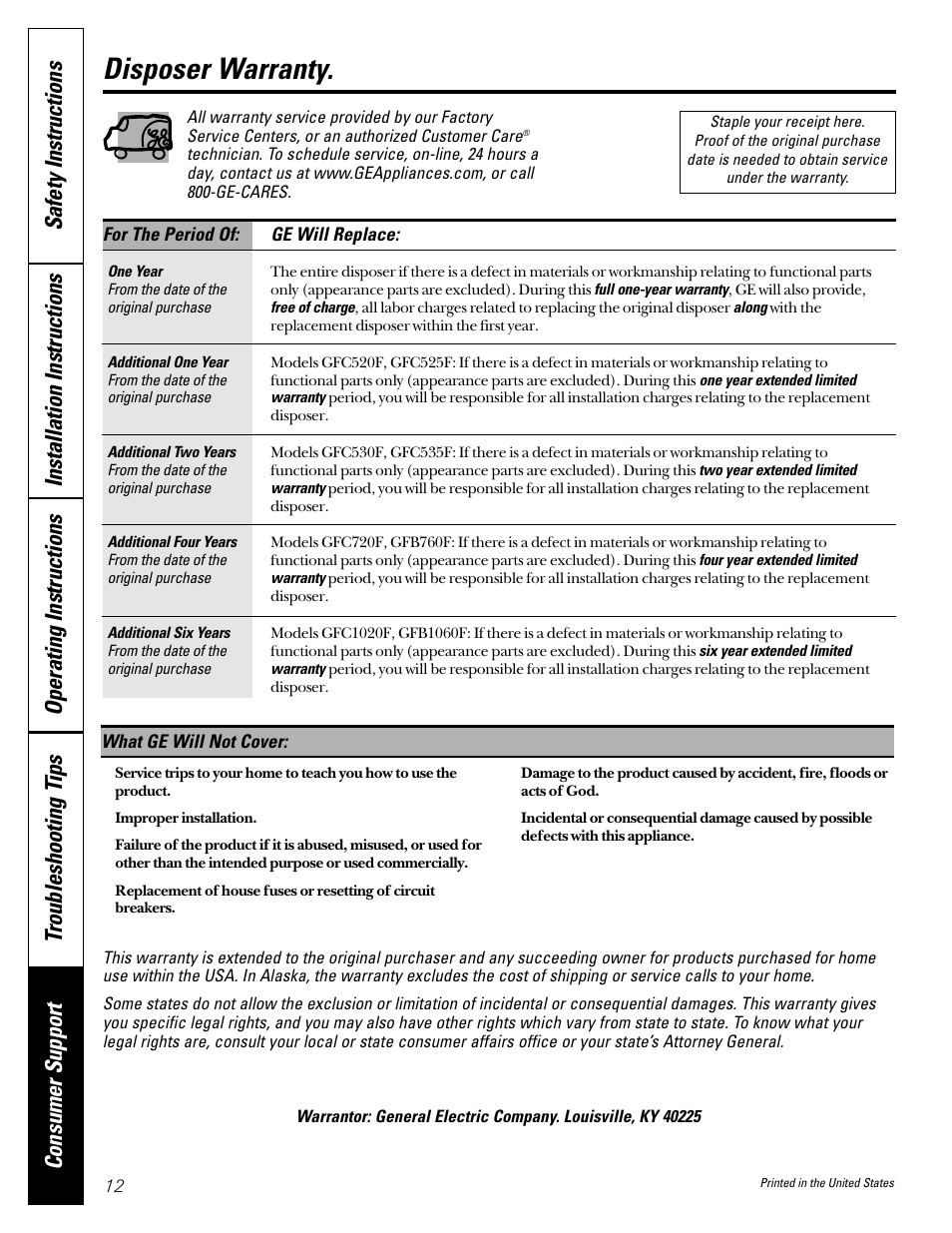 Warranty, Disposer warranty | GE GFC1000F User Manual | Page 12 / 24