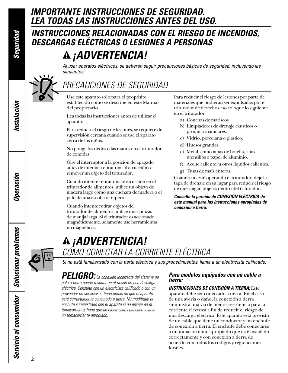 Cómo conectar la corriente eléctrica, Precauciones de seguridad, Cómo conectar la corriente | Eléctrica , 3, Advertencia, Peligro | GE GFC1000F User Manual | Page 14 / 24