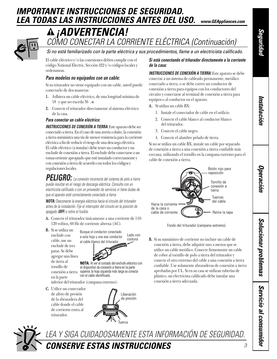 Advertencia, Peligro | GE GFC1000F User Manual | Page 15 / 24