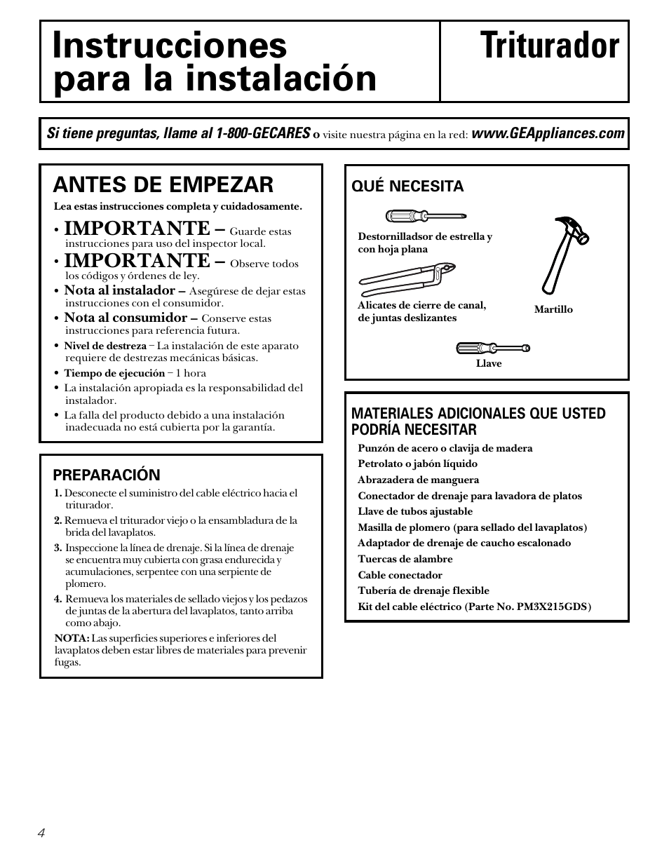 Instrucciones triturador para la instalación, Antes de empezar, Importante | Si tiene preguntas, llame al 1-800-gecares, Preparación | GE GFC1000F User Manual | Page 16 / 24