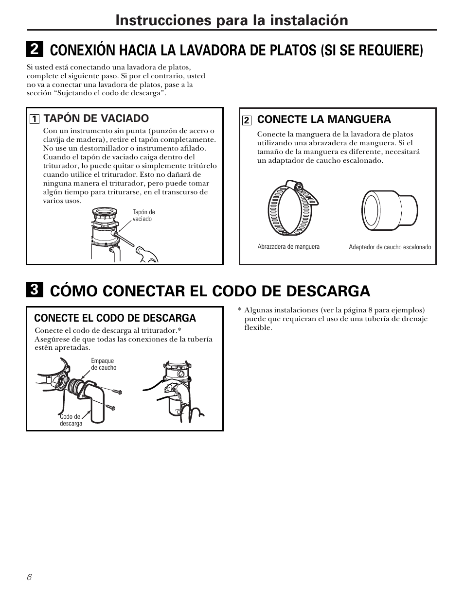 Cómo conectar el codo de descarga, Conexión hacia la lavadora de platos, Cómo conectar el codo de | Descarga, Conexión hacia la lavadora, De platos, Instrucciones para la instalación, Cómo conectar el codo de descarga 3 | GE GFC1000F User Manual | Page 18 / 24