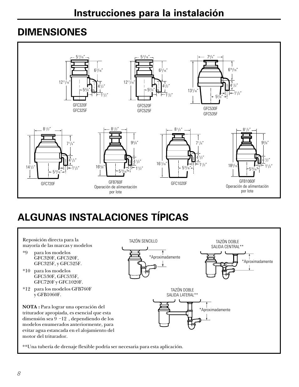 Dimensiones/instalaciones típicas, Dimensiones/instalaciones, Típicas | Dimensiones | GE GFC1000F User Manual | Page 20 / 24