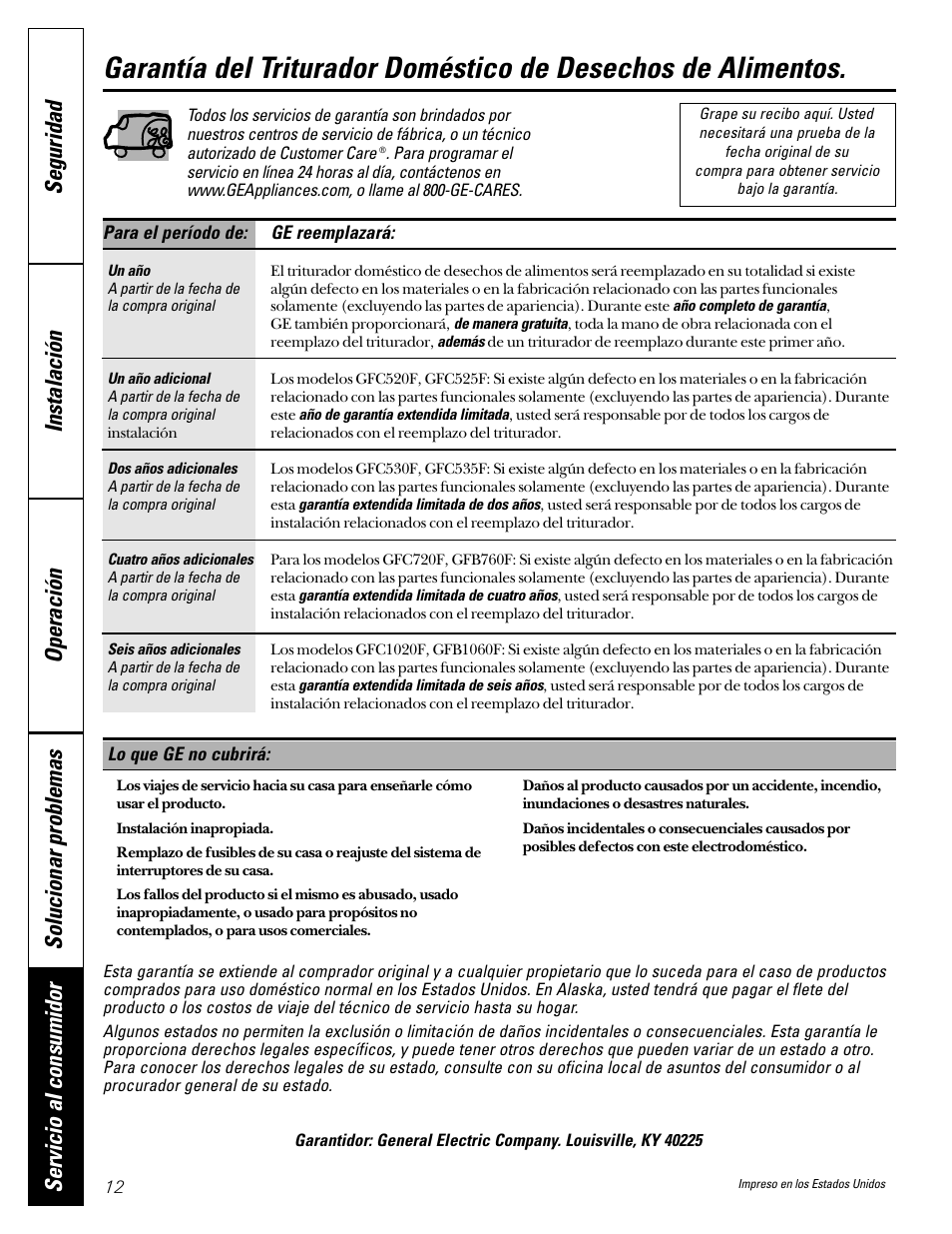 Garantía | GE GFC1000F User Manual | Page 24 / 24