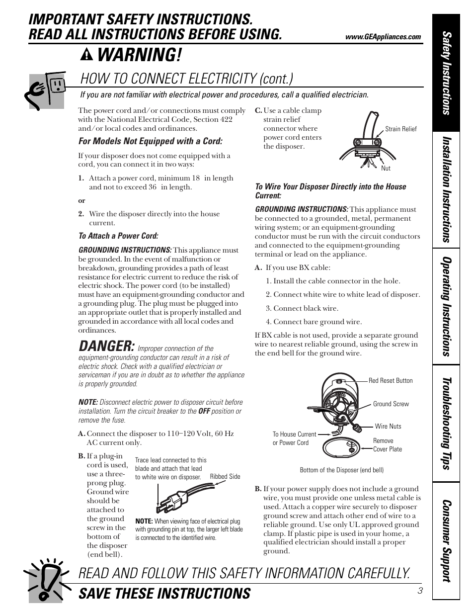 Warning, Danger, How to connect electricity (cont.) | GE GFC1000F User Manual | Page 3 / 24