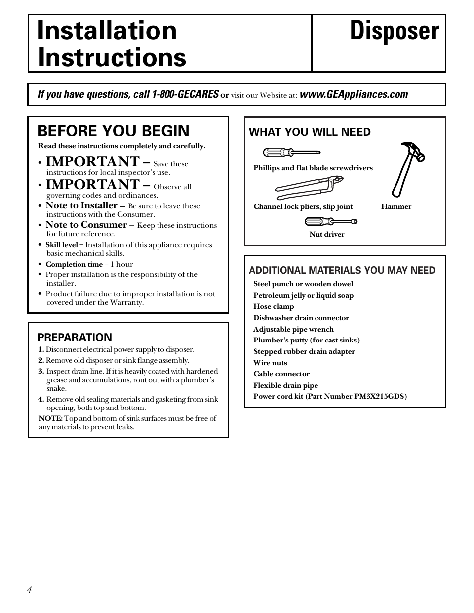 Installation disposer instructions, Before you begin, Important | If you have questions, call 1-800-gecares, Additional materials you may need, What you will need, Preparation | GE GFC1000F User Manual | Page 4 / 24