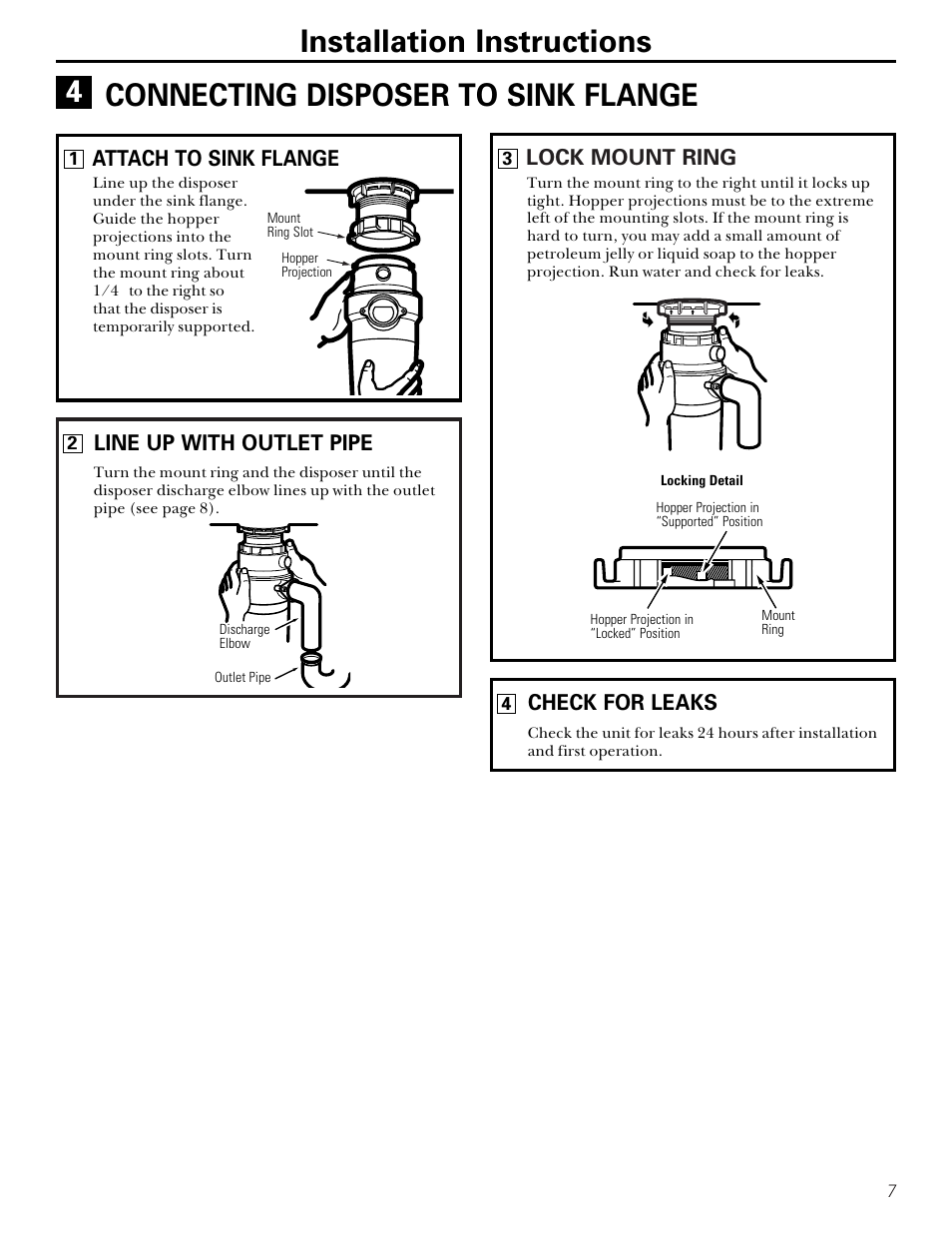 Connecting disposer to sink flange, Connecting disposer to, Sink flange | Installation instructions, Connecting disposer to sink flange 4, Lock mount ring, Check for leaks, Line up with outlet pipe, Attach to sink flange | GE GFC1000F User Manual | Page 7 / 24