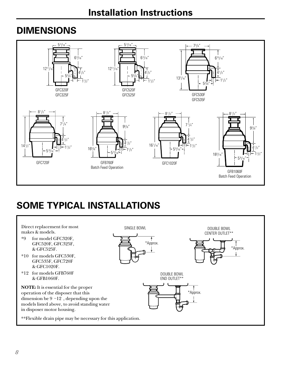 Dimensions/typical installations, Dimensions/typical, Installations | Dimensions | GE GFC1000F User Manual | Page 8 / 24