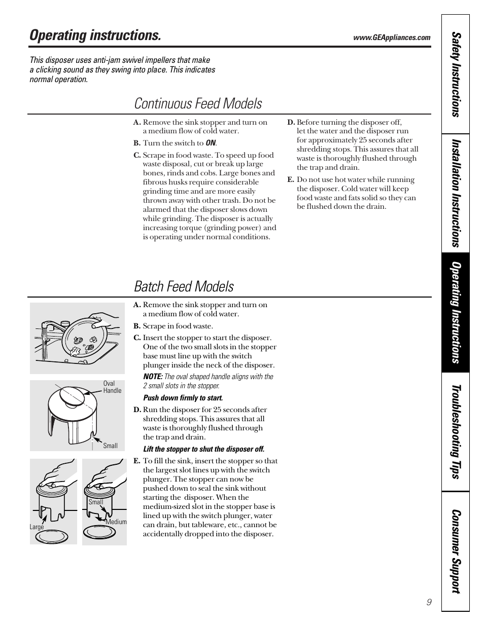 Batch feed models, Continuous feed models, Operating instructions | GE GFC1000F User Manual | Page 9 / 24