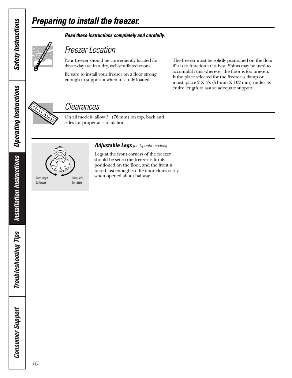 Preparing to install the freezer, Freezer location, Clearances | GE FUM5 User Manual | Page 10 / 16