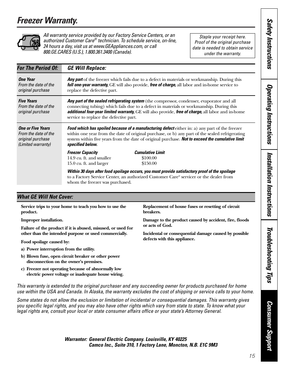 Warranty, Freezer warranty | GE FUM5 User Manual | Page 15 / 16