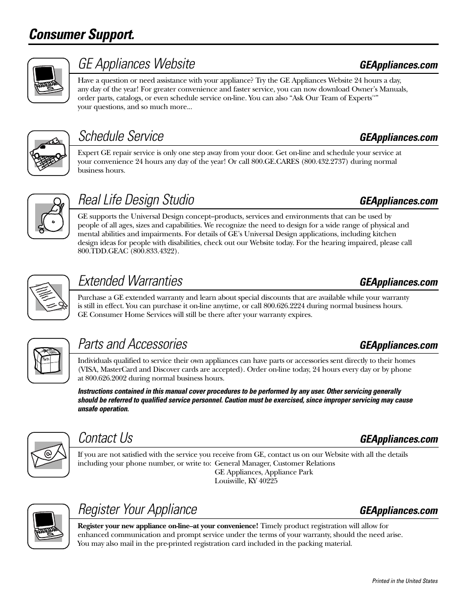 Consumer support, Consumer support. ge appliances website, Schedule service | Real life design studio, Extended warranties, Parts and accessories, Contact us, Register your appliance | GE FUM5 User Manual | Page 16 / 16