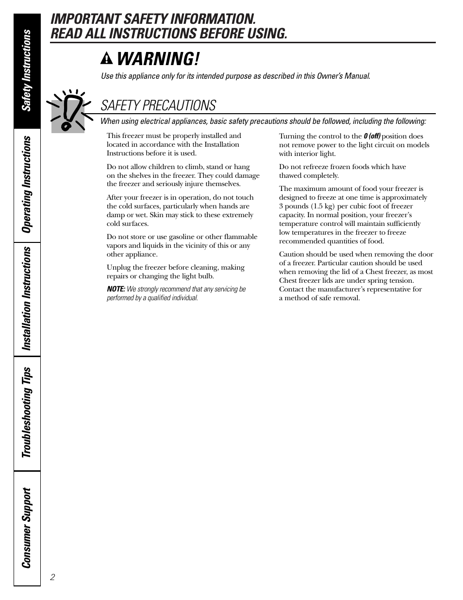 Safety precautions, Warning | GE FUM5 User Manual | Page 2 / 16