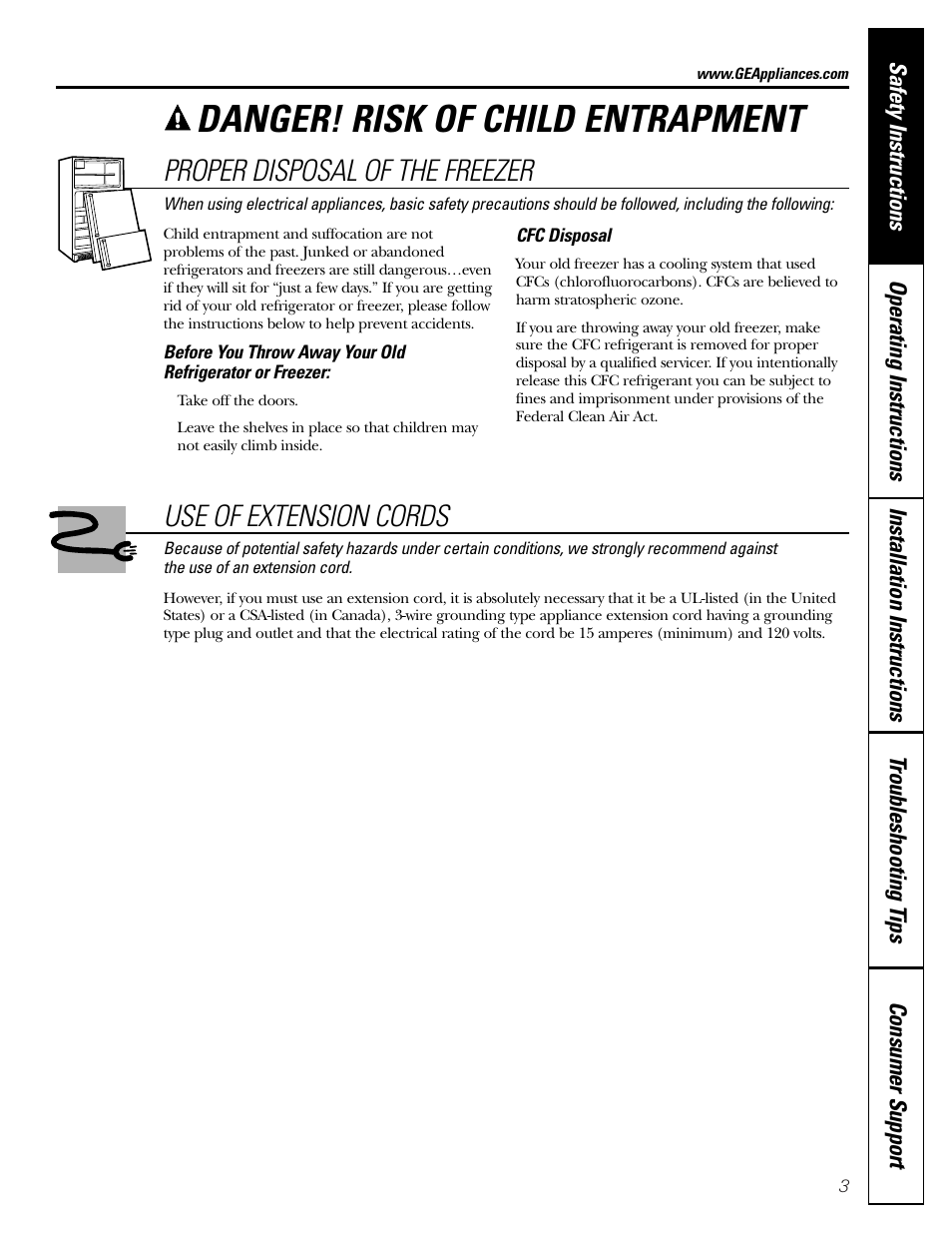 Proper disposal, Use of extension cords, Danger! risk of child entrapment | Proper disposal of the freezer | GE FUM5 User Manual | Page 3 / 16